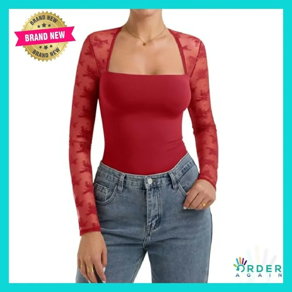Square Neck Lace Long Sleeve Top Y2K Slim Fit Elegant Going Out Shirt
